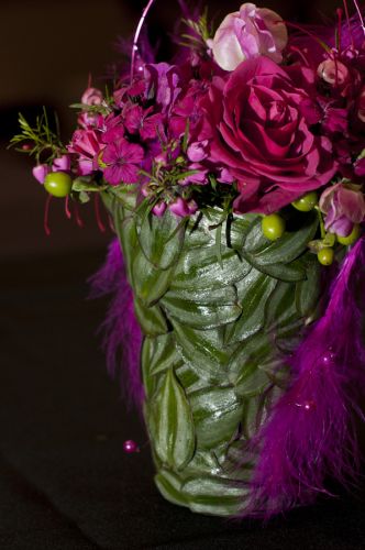 fushia flower purse with boronia, sweetpeas, roses and feathers 1, Portland Art Mus