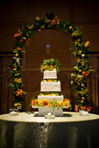 cake decorated with flowers and citrus and archway, Oregon Gardens, Françoise Weeks