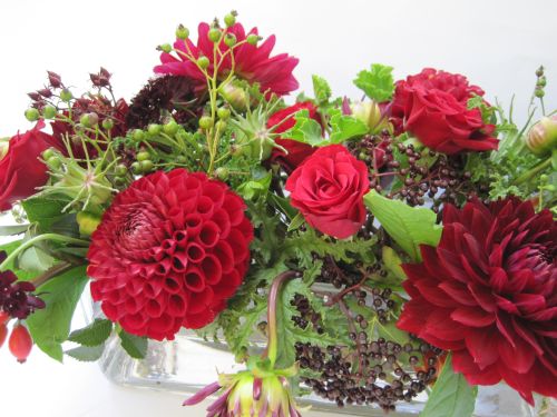 red centerpiece with elderberries and dahlias, Françoise Weeks