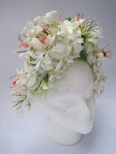 botanical headpiece with dendrobriums, feathers, jasmine, Françoise Weeks
