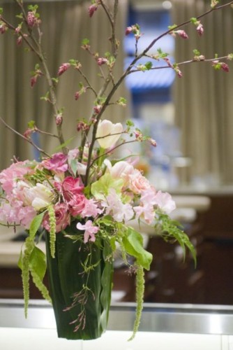 pink spring arrangement with blooming branches, Françoise Weeks