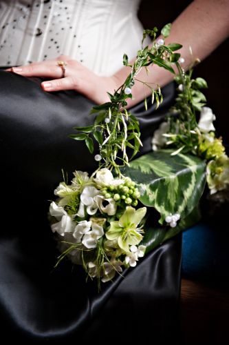 white flower purse with hellebore, jasmine, anemones, Françoise Weeks