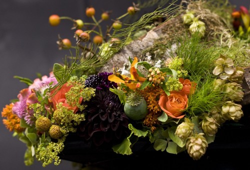 woodland arrangement on wooden disks with dahlias, texture and poppy pods, Fra