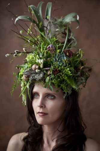 woodland headpiece with succulents, staghorn fern, fiddl