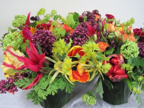 bright lilac, tulips, viburnum, Françoise Weeks