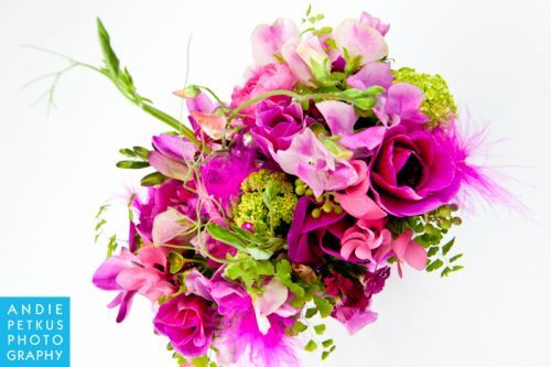 flower purse with fushia anemones, sweetpeas, cyclamen, viburnum, Françoise Weeks