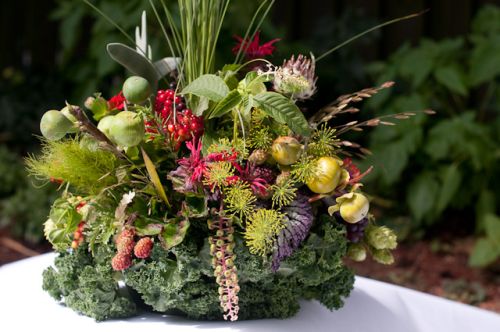kale,pokeweed, fruits and zinnias, Françoise Weeks