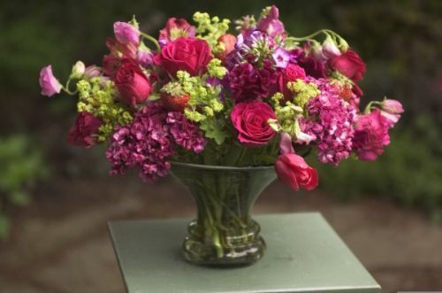 lilacs, roses, tulips, anemones and texture  in a flaring vase, Françoise Wee