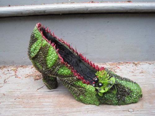 botanical shoe covered with begonia leaves and accented with nicandra pod, dill, Françoise Weeks