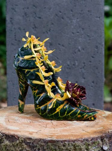 botanical shoe with croton leaves, orchids and rose, Françoise Weeks