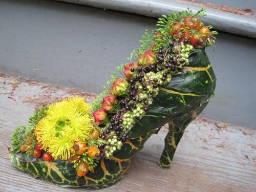 botanical shoe with croton leaves, blackberries, eucalyptus pods, Françoise Weeks