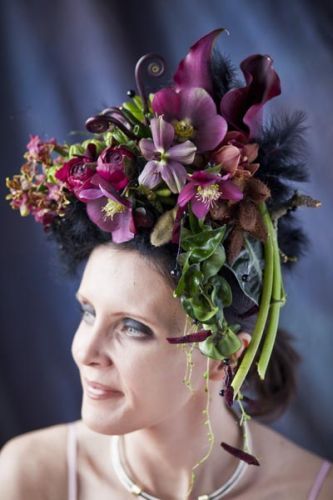 burgundy headpiece  with orchids, callas, hellebore and texture, Françoise Weeks