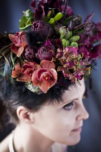 burgundy headpiece  withhellebore, ranunculus, orchids, texture, Françoise Weeks