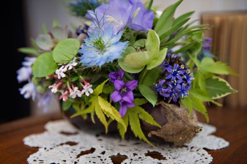 campanula, nigella, hellebore and texture in eggplant, Lille Boutique, Françoise Weeks