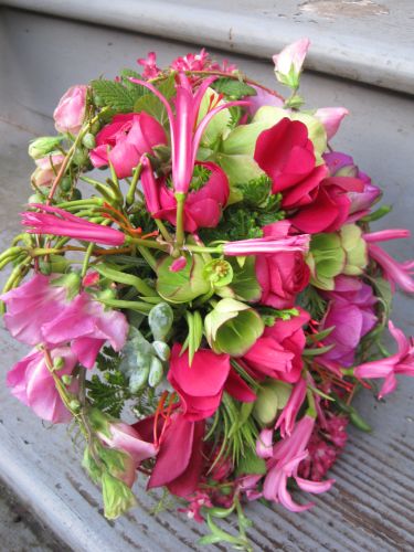 pink whimsical bouquet with sweetpeas, hellebore, roses, nerine, cyclamen, texture, Françoise Weeks