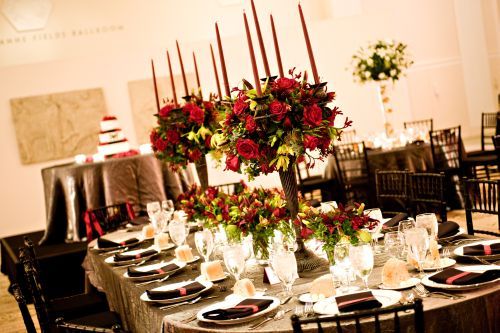tall candelabras with red flowers plus low arrangements for head table 1, Art Museum, Françoise Weeks