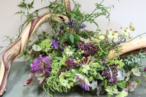 woodland arrangement  with paretially sanded juniper branch and spring flowers, FranJoise Weeks