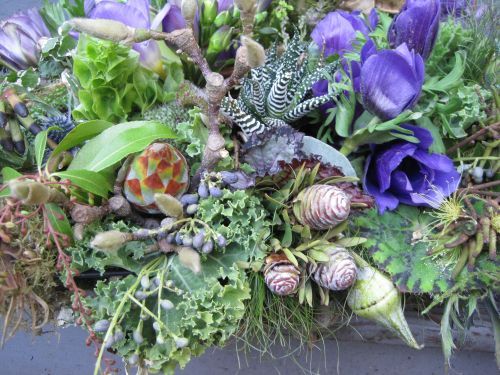 woodland centerpiece with blue flowers, texture and succulents, Françoise Weeks