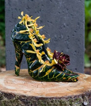botanical shoe with croton leaves, orchids and rose, Françoise Weeks